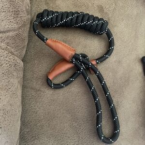 5ft Reflective Black / Leather Slip Lead Dog Leash Training Walking Show Collar